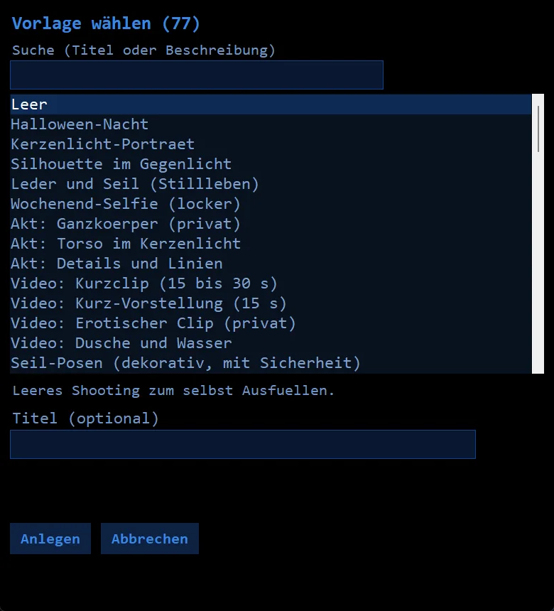 Auswahl der Vorlagen beim Anlegen eines neuen Shootings